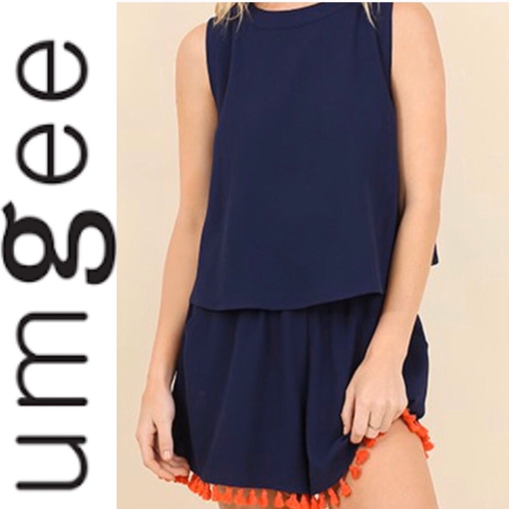 🌻NWT, ON SALE! Navy Romper w/ Orange Tassel Hem.  Cute summer romper